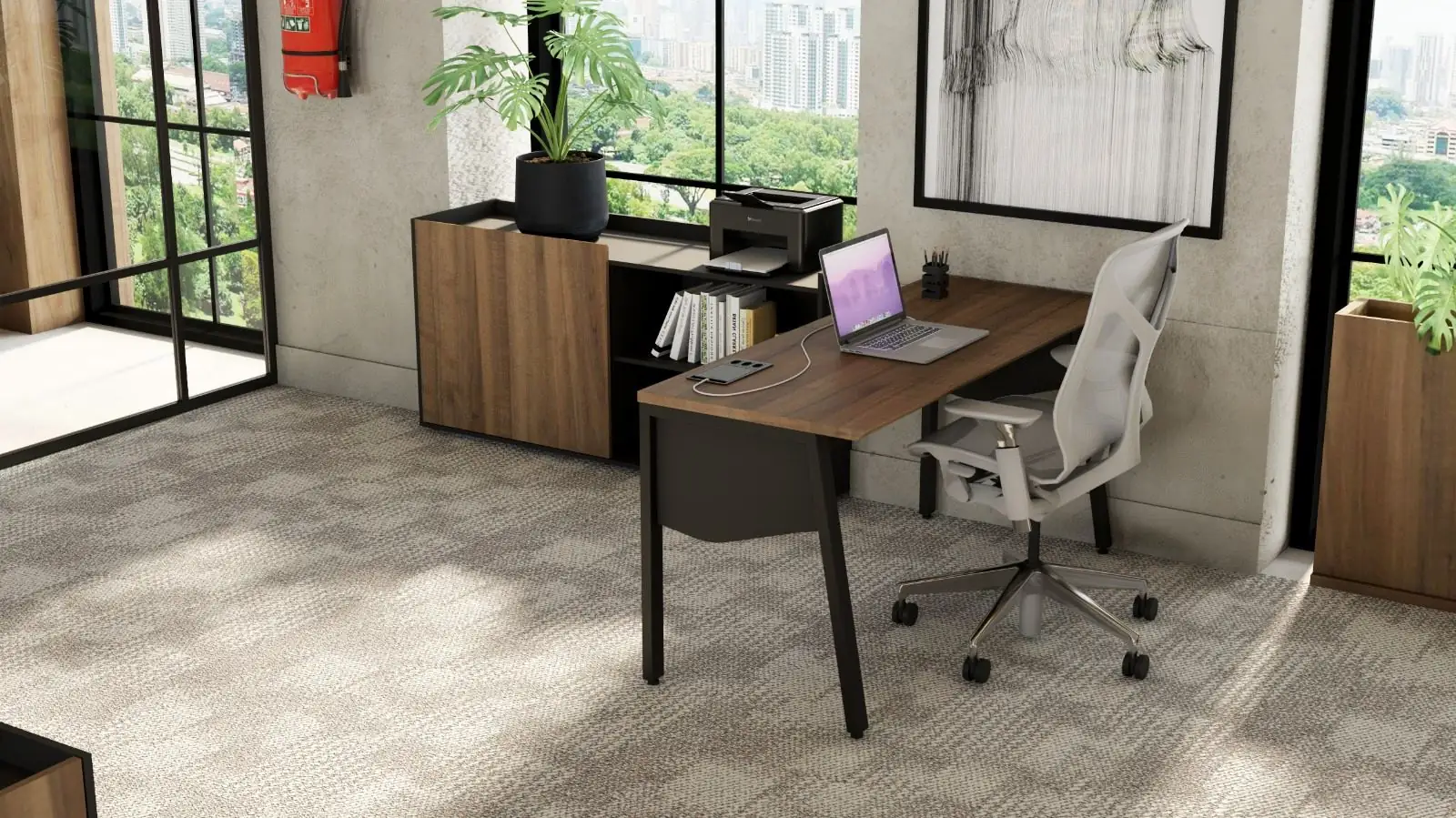 Escritório com mesa, cadeira ergonômica e armário